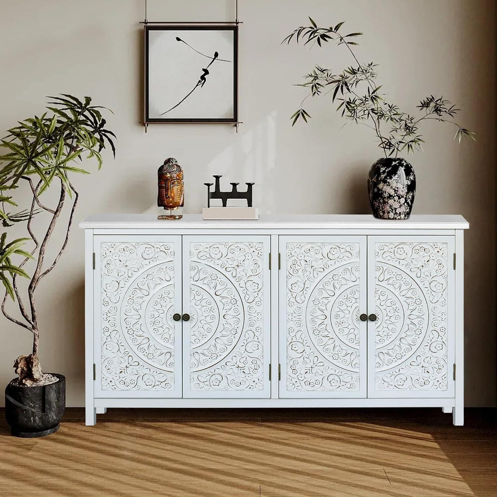 Mid-Century Accent Cabinet with 4 Doors, Rustic Sideboard Pantry Cabinet, for...