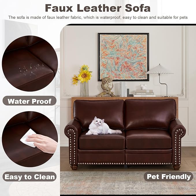 2 Piece Faux Leather Sofa Set,Modern Chair and Loveseat Sets with Storage,Mid Century Couch with Rivet Rolled Arm,Comfy Deep Seat Sofa,Furniture for Living Room,Office(Armchair+Loveseat,Burgundy)