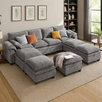 130" U Shaped Modular Sectional Sofa, Couch with Ottoman Storage, Chenille Cloud Couch with Plush Deep Seating for Living Room, Bedroom (Light Grey, 9 Seat)