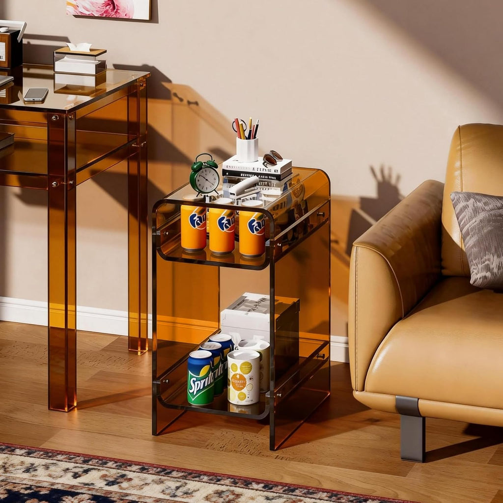Clear Acrylic Side Table Narrow, Side Table for Small Spaces, Skinny Nightstand/Bedside Table for Bedroom, Slim Small End Table, 8.7'' x 15.7'' x 21.7" (Dark Brown, Wide)
