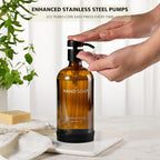 Glass Kitchen Soap Dispenser Set with Ceramic Tray,16.9 floz Hand and Dish Soap Dispenser for Kitchen and Bathroom Decor (Amber Bottles + Black Pumps)