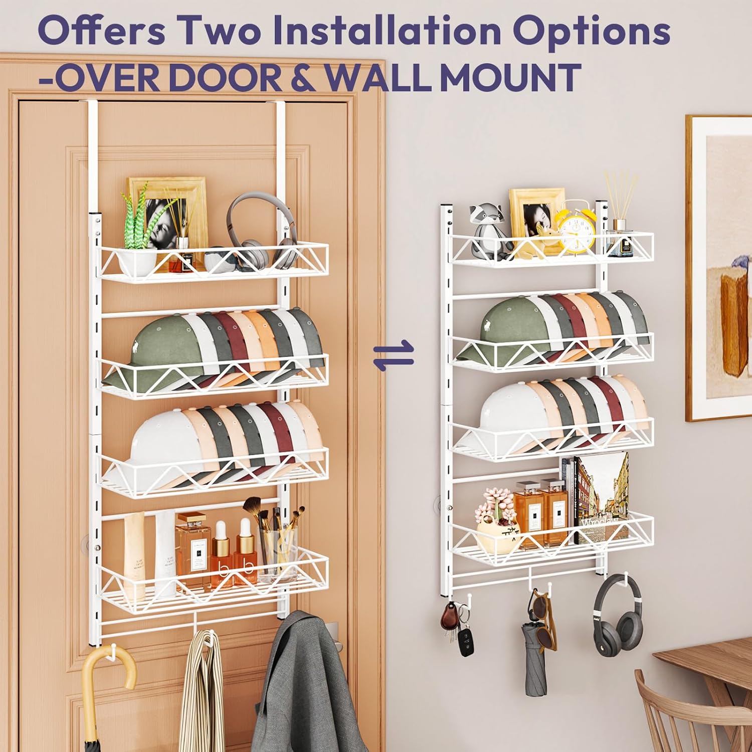 SWTYMIKI Over Door Hat Organizer - 5 Tier Wall Mounted Hat Rack with 4 Adjustable Metal Basket and 3 Hooks, Hanging Baseball Cap Organizer Storage Holds up to 49 Caps for Door, Bedroom, Closet