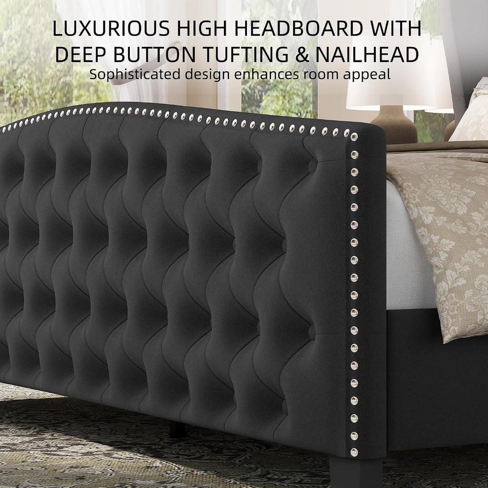 BRELTAM Upholstered Queen Size Bed Frame Velvet Tufted Platform Bed Frame wit...