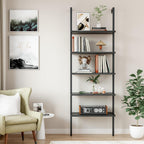 Flamaker 5-Tier Bookshelf Wall Mount Ladder Bookcase Industrial Standing Corner Bookshelf with Wood Board and Metal Frame, Modern Tall Narrow Storage Organizer for Home Office (Black, 2 piece)