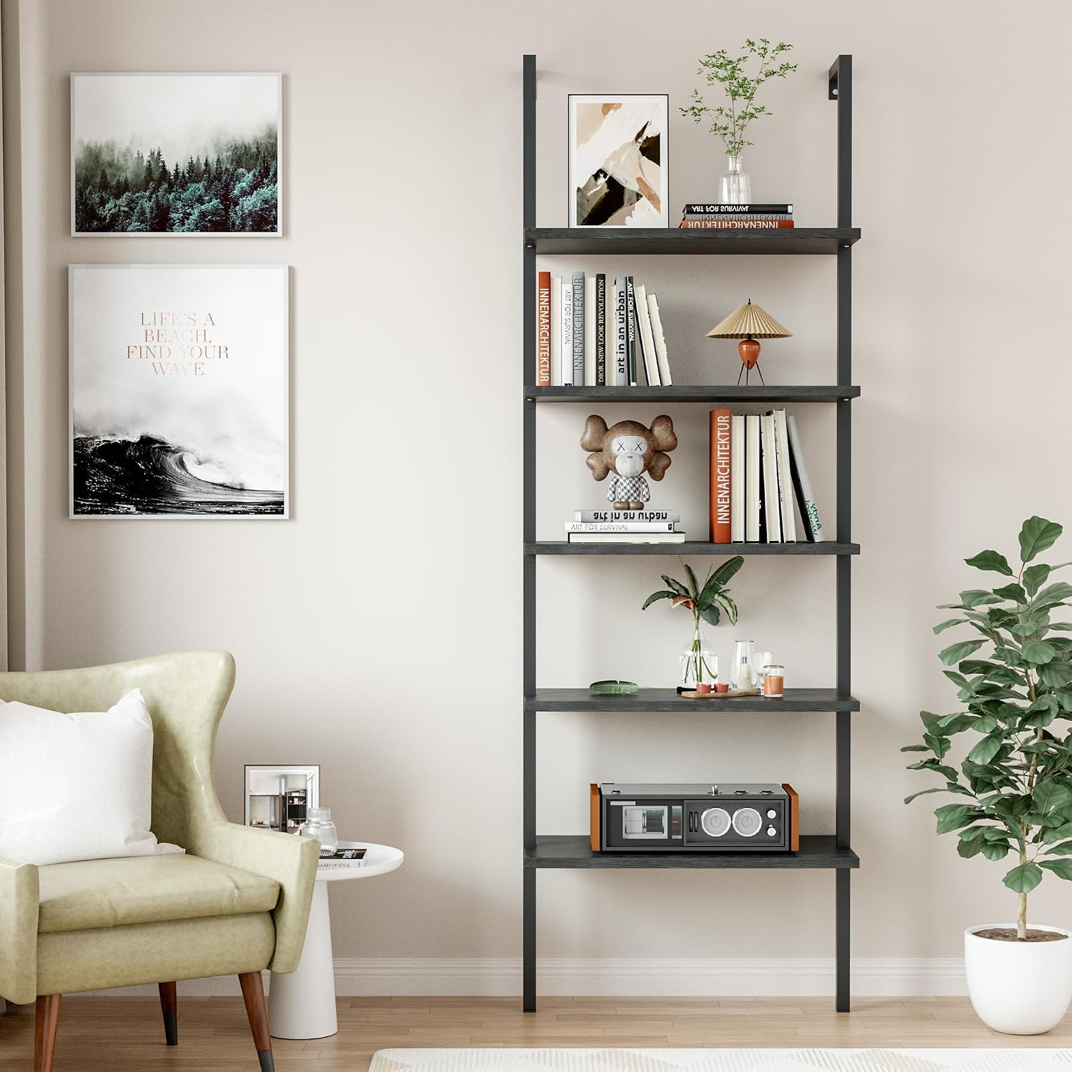 Flamaker 5-Tier Bookshelf Wall Mount Ladder Bookcase Industrial Standing Corner Bookshelf with Wood Board and Metal Frame, Modern Tall Narrow Storage Organizer for Home Office (Black, 2 piece)