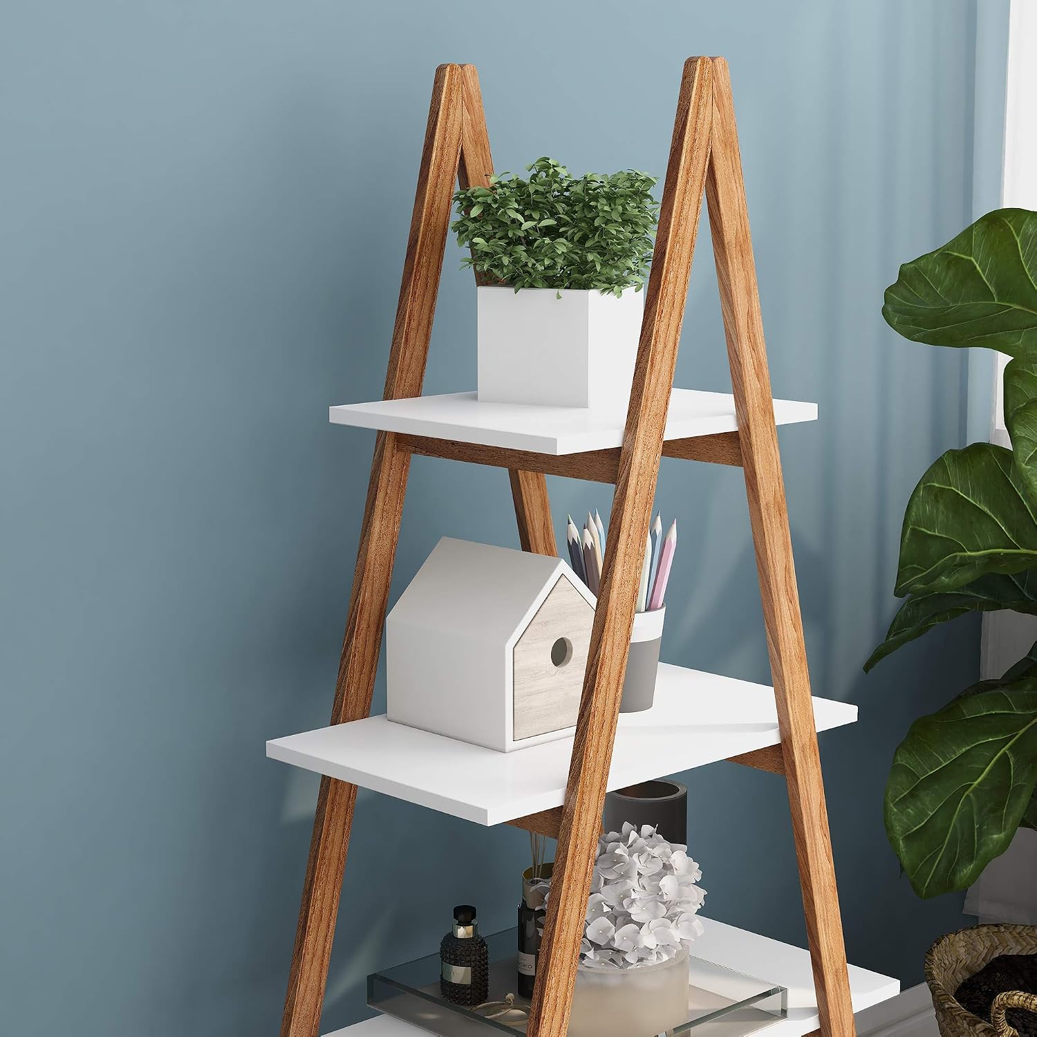 4 Tier Ladder Shelf, Industrial Bookshelf A-Shaped Bookcase, Ladder Bookshelf, Freestanding Storage Organizer Display Shelf, Multipurpose Storage Shelves Rack for Living Room Bedroom Home Office