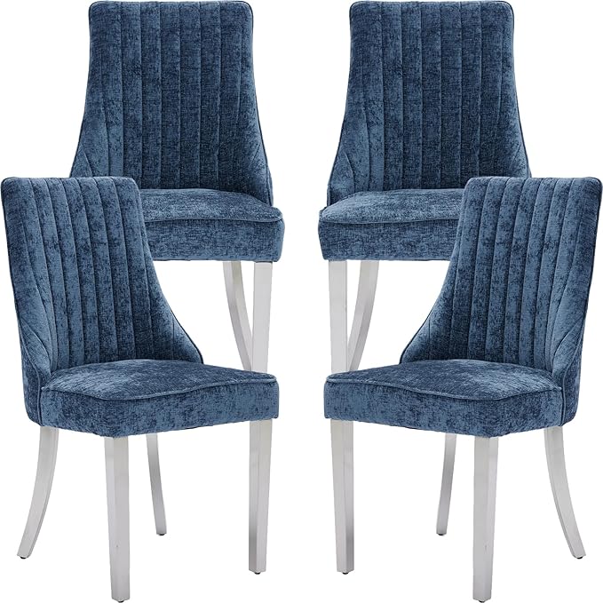 Navy Mid Century Dining Chairs Set of 4, Modern Kitchen & Dining Room Chairs Set of 4, Chenille Fabric Upholstered Kitchen Chairs, Sillas de Comedor, Silver Legs (Blue, 4 Pcs)