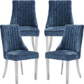 Navy Mid Century Dining Chairs Set of 4, Modern Kitchen & Dining Room Chairs Set of 4, Chenille Fabric Upholstered Kitchen Chairs, Sillas de Comedor, Silver Legs (Blue, 4 Pcs)