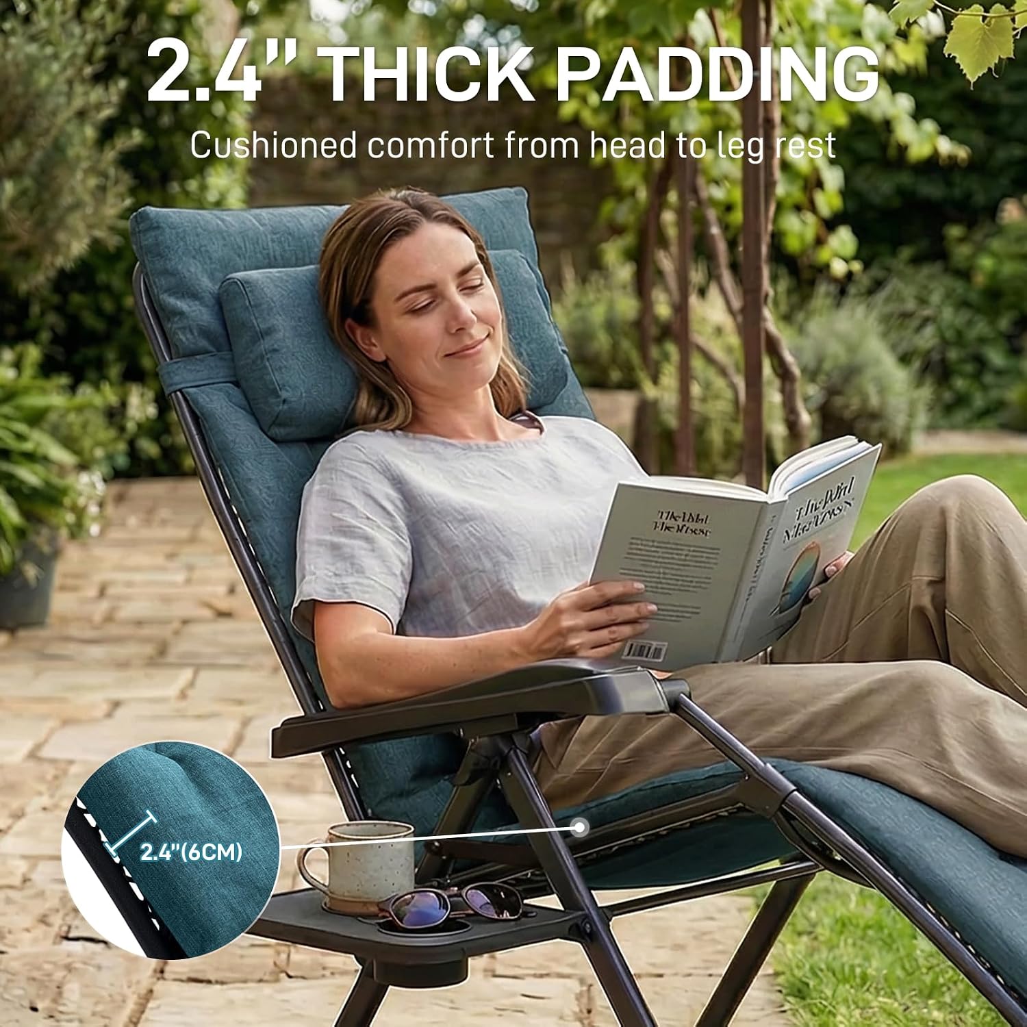EVER ADVANCED Aluminum Zero Gravity Chair, 2.4" Padded, 350 lb Capacity | Oversized Reclining Lounge Chair with Adjustable Headrest and Side Table, Foldable for Camping, Patio, Lawn and Indoor Use