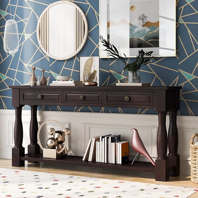 Merax 64" Classic Wood Console Table with Drawers and Bottom Shelf for Entryway Hallway Living Room (Espresso)