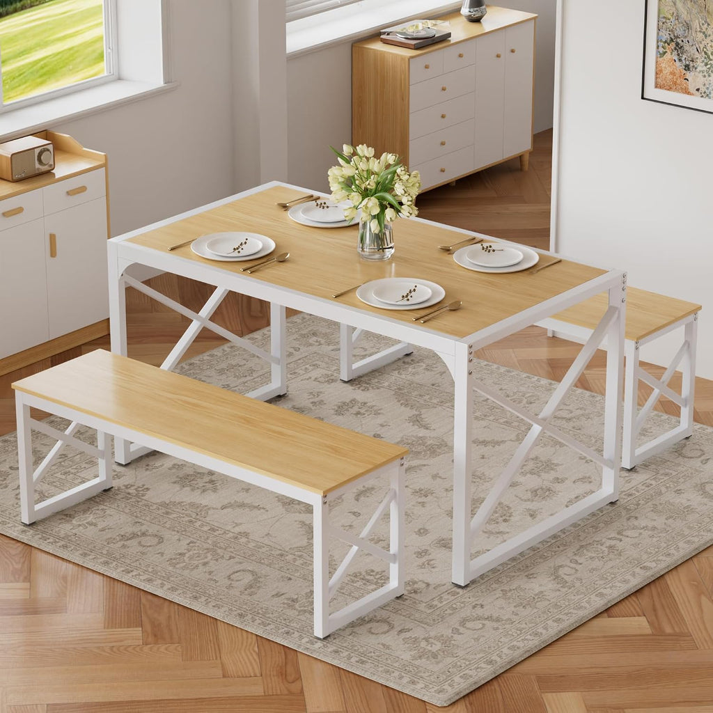 VECELO 55” Kitchen Dining Table Set for 4, Heavy-Duty Steel Frame & Wood-Grain Tabletop, Space-Saving Dinette Sets with 2 Benches for Breakfast Nook and Small Space, Natural