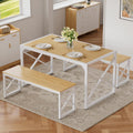 VECELO 55” Kitchen Dining Table Set for 4, Heavy-Duty Steel Frame & Wood-Grain Tabletop, Space-Saving Dinette Sets with 2 Benches for Breakfast Nook and Small Space, Natural