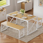 VECELO 55” Kitchen Dining Table Set for 4, Heavy-Duty Steel Frame & Wood-Grain Tabletop, Space-Saving Dinette Sets with 2 Benches for Breakfast Nook and Small Space, Natural