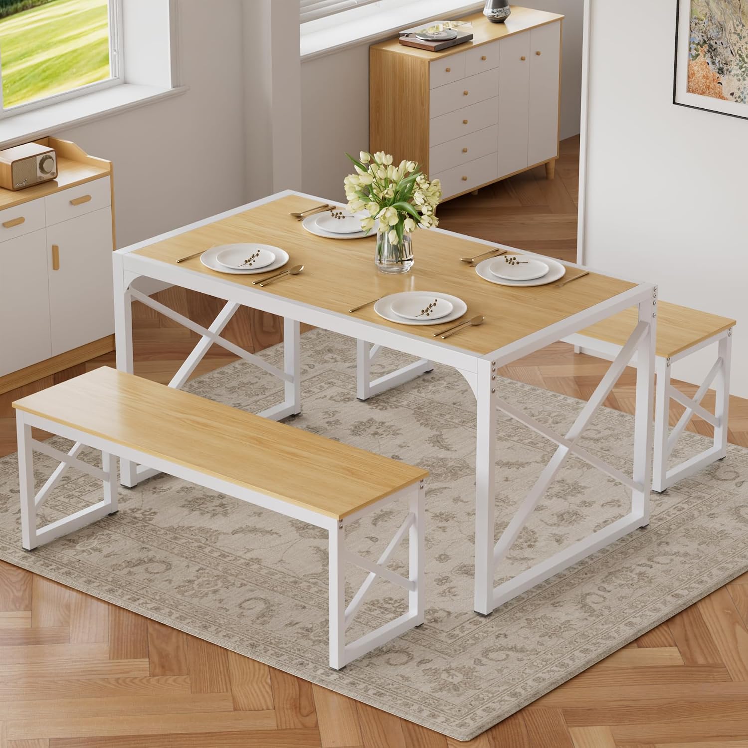 VECELO 55” Kitchen Dining Table Set for 4, Heavy-Duty Steel Frame & Wood-Grain Tabletop, Space-Saving Dinette Sets with 2 Benches for Breakfast Nook and Small Space, Natural