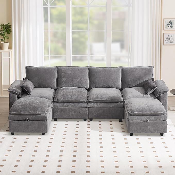 130" U Shaped Modular Sectional Sofa, Couch with Ottoman Storage, Chenille Cloud Couch with Plush Deep Seating for Living Room, Bedroom (Light Grey, 9 Seat)