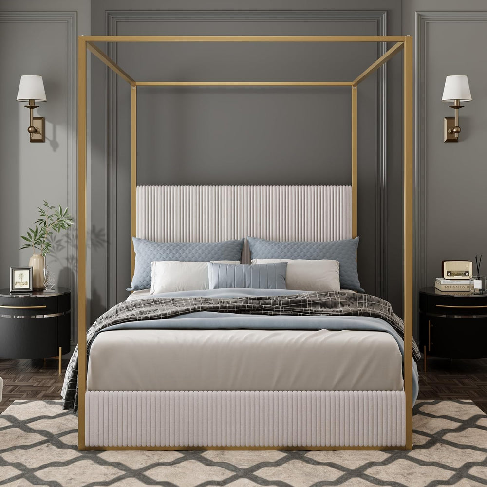Modern Luxury 4-Poster Canopy Platform Bed King Size with Velvet Upholstered ...