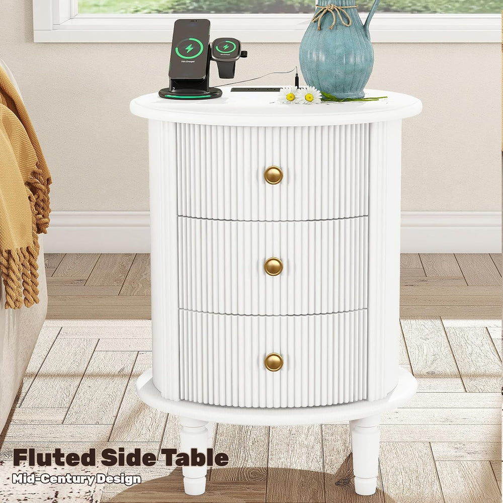 Mirightone Round End Table with Charging Station, Wood Side Table with Storag...