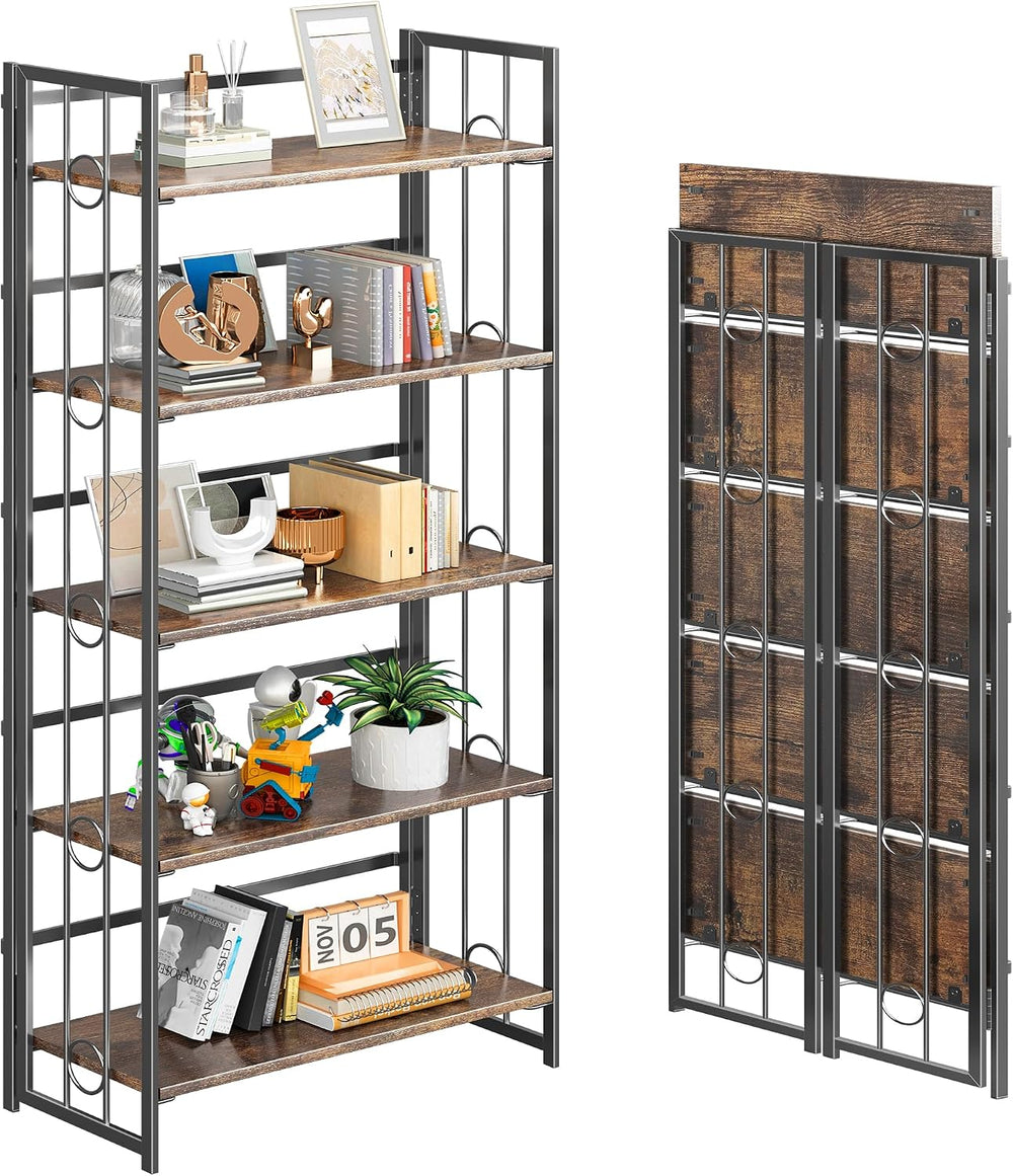 4NM No Assembly 5 Tiers Folding Bookshelf, 59.4" H Foldable Storage Shel...