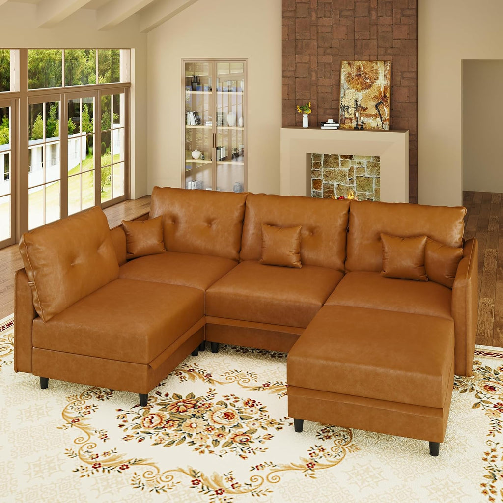 LLappuil 5-Seater L-Shaped Sectional Modular Sofa with Storage, Deep Seat Faux Leather Couches for Living Room, Waterproof & Scratch Resistant, Cognac Tan