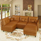 LLappuil 5-Seater L-Shaped Sectional Modular Sofa with Storage, Deep Seat Faux Leather Couches for Living Room, Waterproof & Scratch Resistant, Cognac Tan