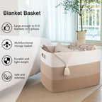 OIAHOMY 108L Super Large Blanket Basket, 25”x16”x16” Rectangle Woven Baskets for Storage, Cotton Rope Basket For Living Room, Toy Storage with Handle- Gradient Light Brown