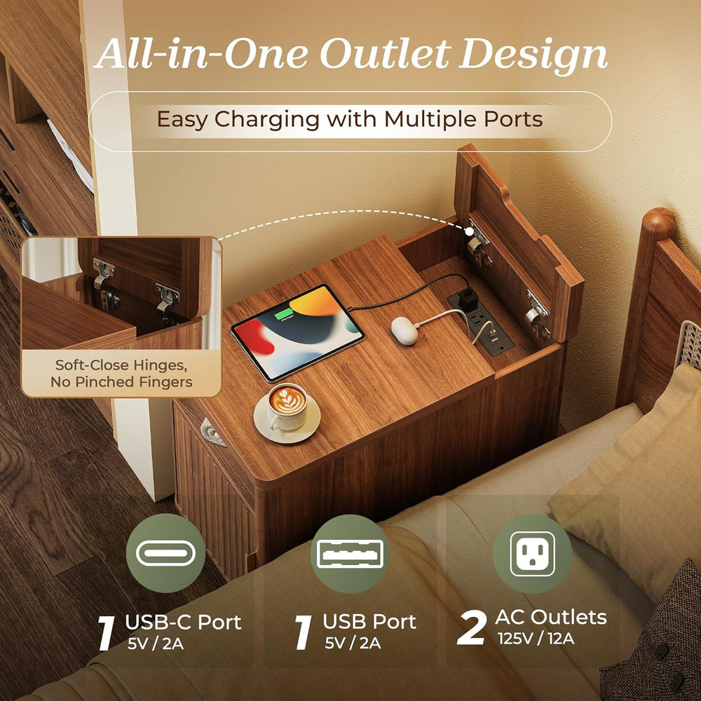 Huuger Narrow End Table with Charging Station, USB-C Port, Fluted Nightstand ...