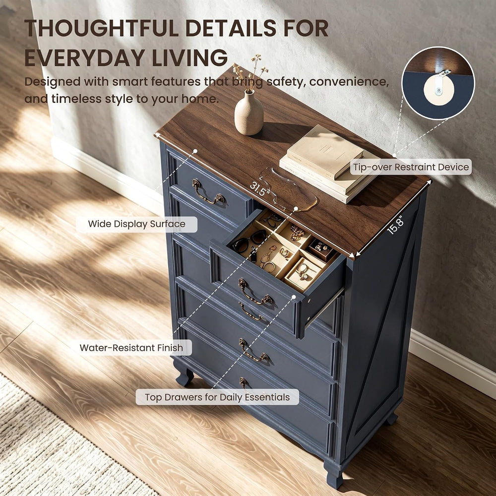 Farmhouse 6 Drawer Dresser, Tall Chest of Drawers Wood Storage Cabinet