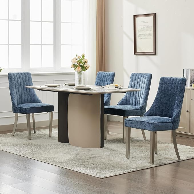 Navy Mid Century Dining Chairs Set of 6, Modern Kitchen & Dining Room Chairs Set of 6, Chenille Fabric Upholstered Kitchen Chairs, Sillas de Comedor, Silver Legs (Blue, 6 Pcs)