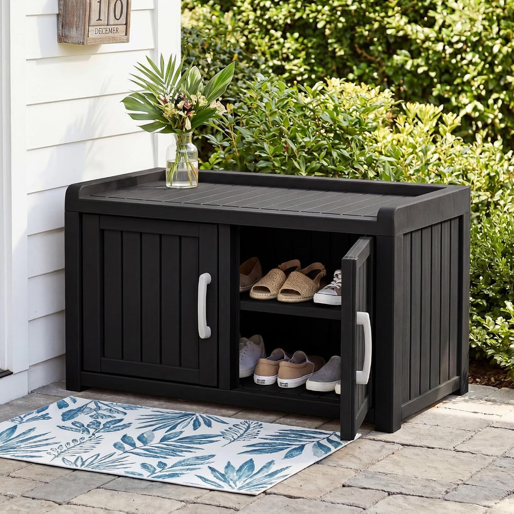 2-Tier Storage Bench, Waterproof UV-Resistant Outdoor Shoe Storage Cabinet ，O...