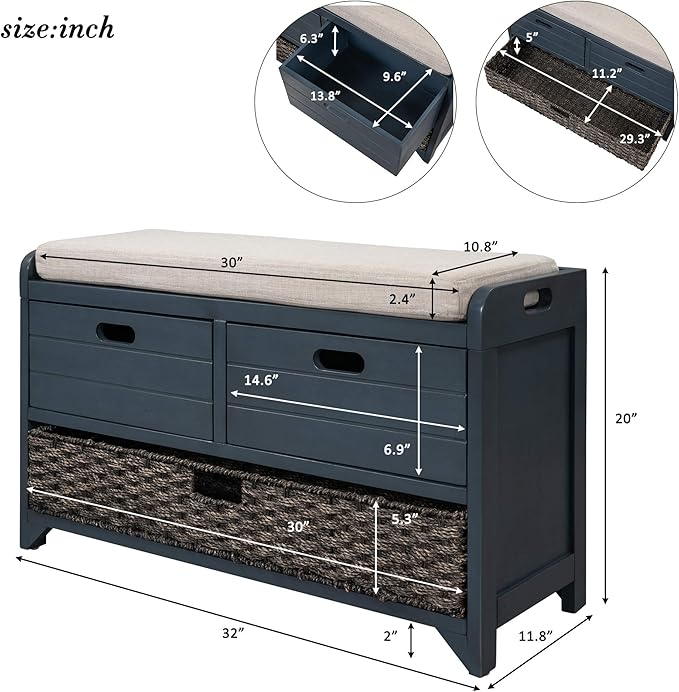 Merax Classic Wood Shoe Storage Bench with 2 Drawers, Large Rattan Basket and Seat Cushion for Entryway Hallway Front Door Navy