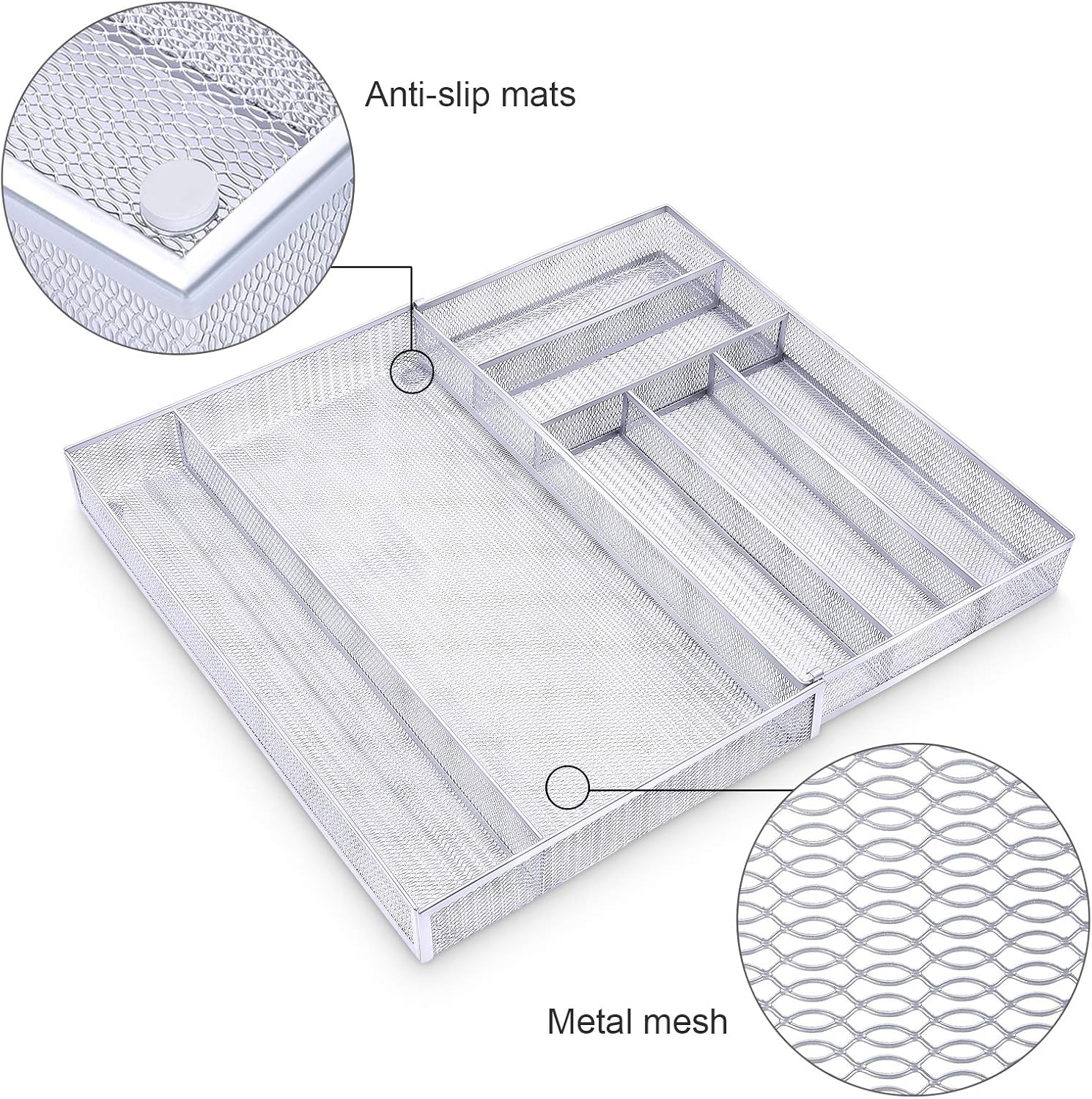 WuGeShop Expandable Office Drawer Organizer, 6 to 7 Compartments Adjustable Mesh Desk Drawer Organizer, Good Desk Organizer for Office Supplies and Art Supplies