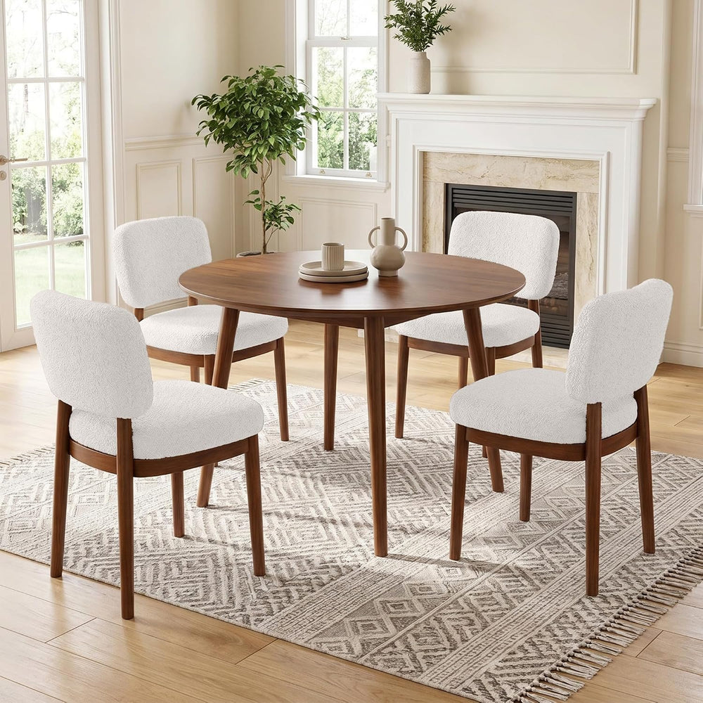 Wooden Dining Chairs Set of 4, Boucle Upholstered Kitchen Chairs with Solid W...