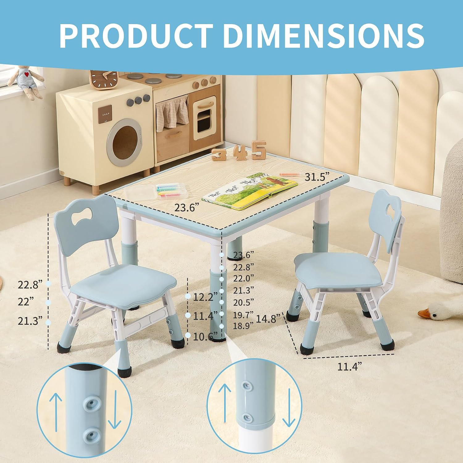 Hulaibit Toddler Table and 2 Chairs, Height-Adjustable Kids Table and Chairs Set, 31.5''L x 23.6''W Children Activity Table for Boys and Girls Aged 3-8