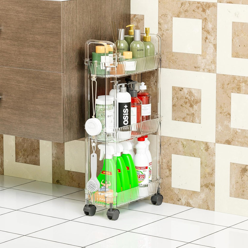 Yieach 3 Tier Rolling Cart with Wheels,Clear Narrow Bathroom Rack Organizer,Slim Storage Cart,Three Tier Thin Shelf and Narrow Rolling Utility Cart for Small Space Shelf,Dorm Room,Kitchen,Laundry