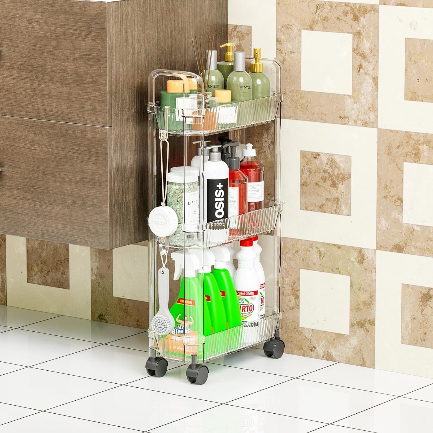 Yieach 3 Tier Rolling Cart with Wheels,Clear Narrow Bathroom Rack Organizer,Slim Storage Cart,Three Tier Thin Shelf and Narrow Rolling Utility Cart for Small Space Shelf,Dorm Room,Kitchen,Laundry