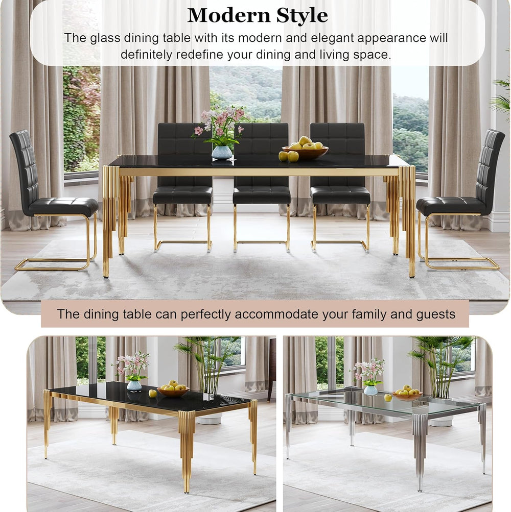 80" Large Glass Dining Table, Modern Rectangle Kitchen Table with Gold S...