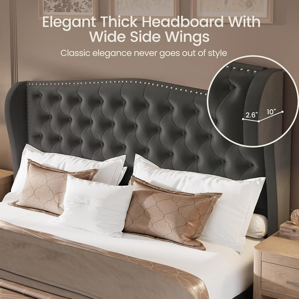 LARMACE Queen Size Bed Frame Velvet Upholstered Platform Bed with Wingback He...