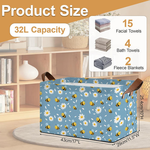 32L Large Storage Bins with Handles, Basket Organizer for Shelves, Closet, Books, Laundry & Home Decor (Bee Daisy)