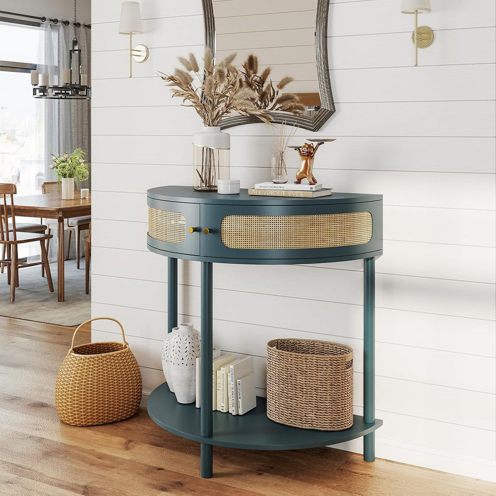 Rovibek 31.5 Inches Rattan Half Moon Console Table for Entryway - Small Entry...