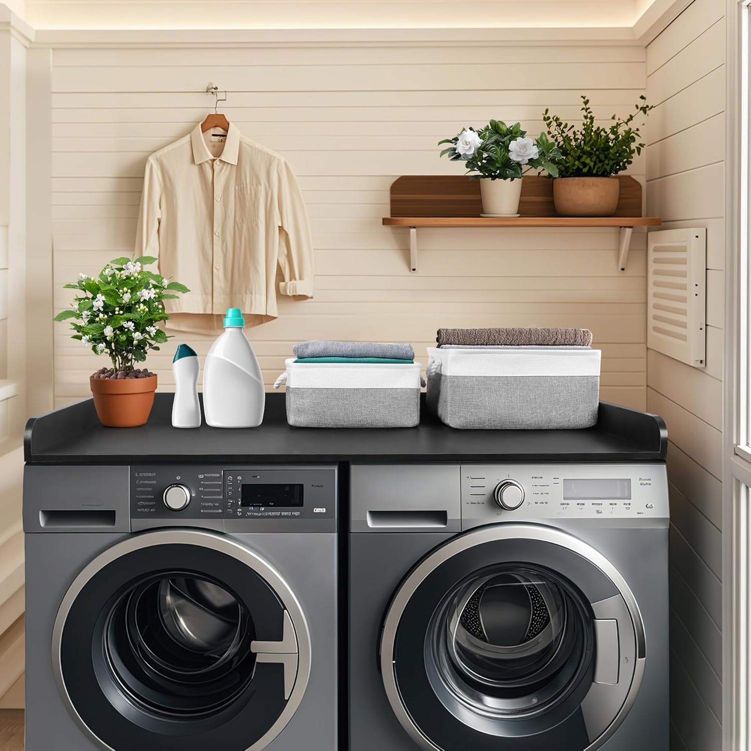 Washer Dryer Countertop with 2 Pack Storage Baskets, Wood Washer and Dryer Countertop with Non-Slip Pads/Edge Rails for Laundry Room Storage and Organization, 27.5" W x 54" L(Black)