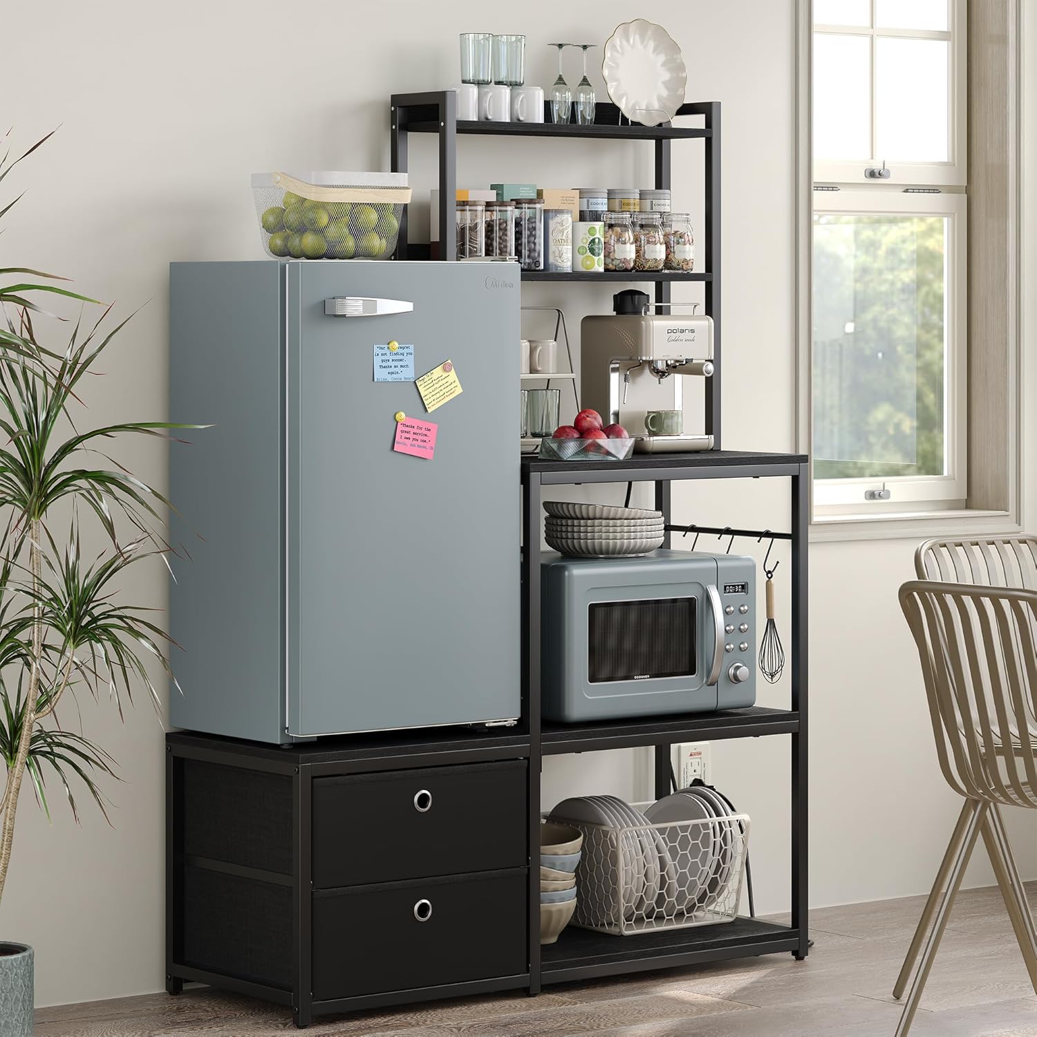 Mini Fridge Stand with Storage, Refrigerator Cabinet with Power Outlet - Multifunctional Microwave Stand, Coffee Bar Station for Dorm, Office and Kitchen, Black