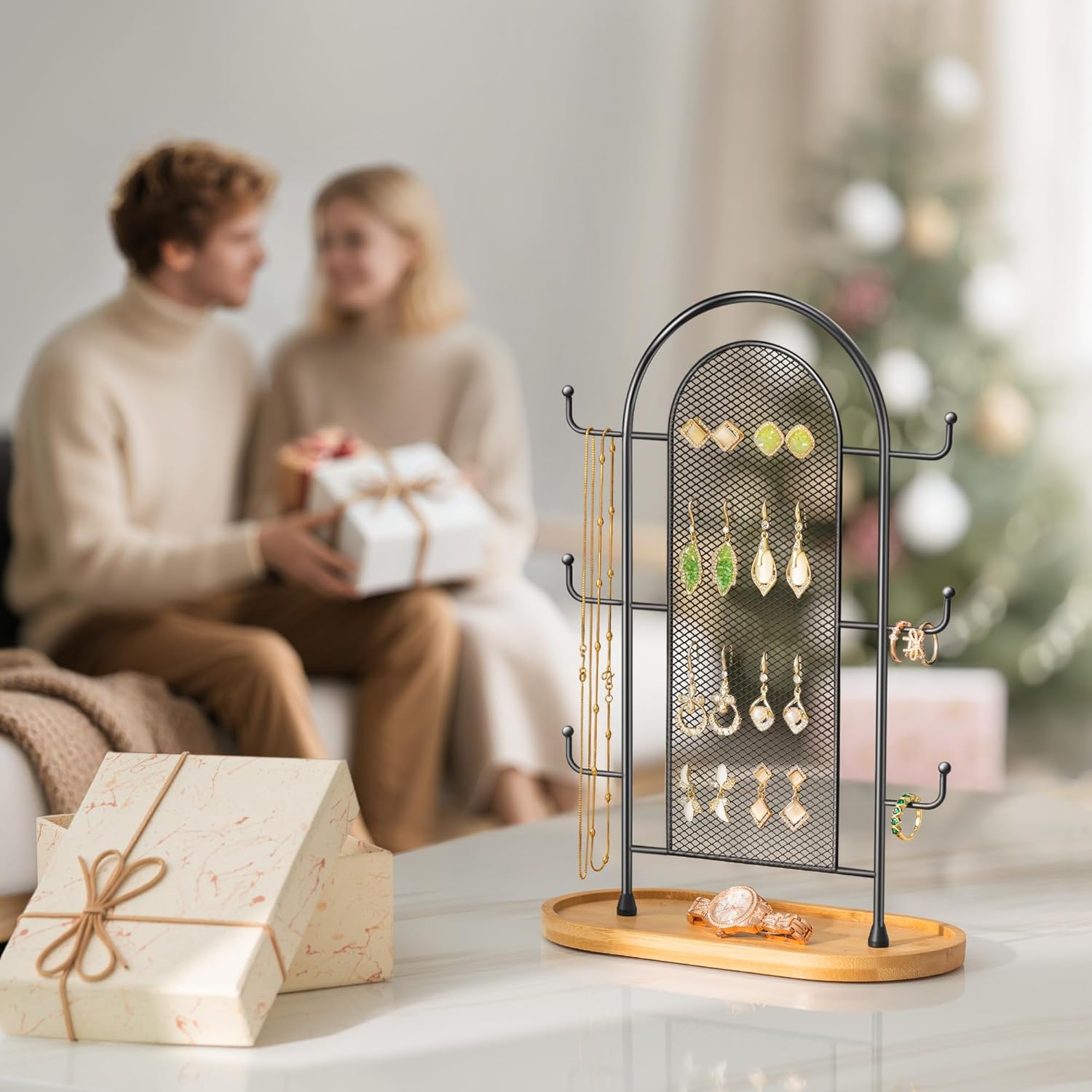Jewelry Holder Organizer Earring Display - Stands Earring Storage Earring tree Hanger Jewelry Towers Rack with 6 Hooks 300 Stud Holes Wood Tray for Necklaces Bracelets Rings