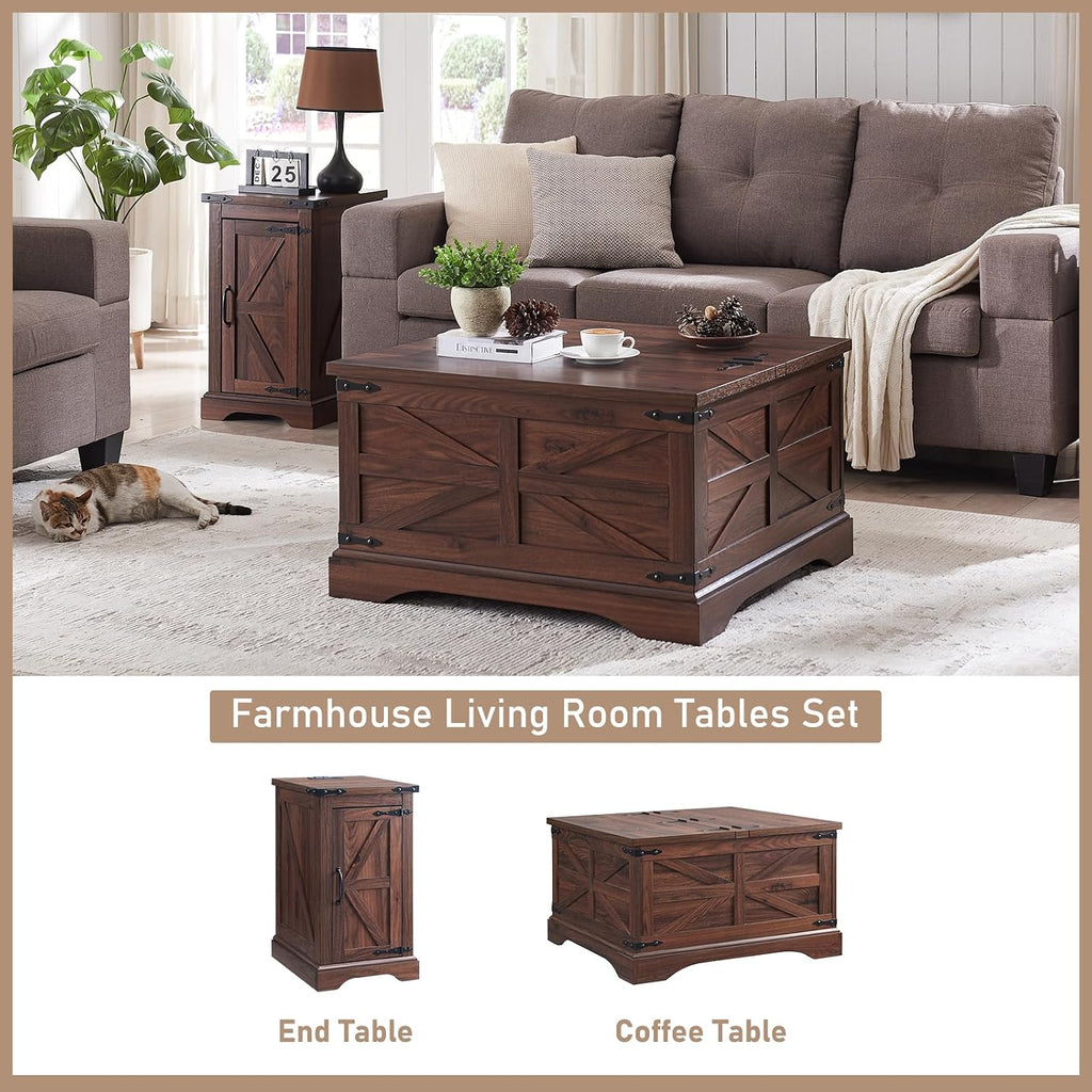 JXQTLINGMU Farmhouse 17" Nightstand Set of 2, Brown | Rectangular/ Rustic End Table with Barn Door /Adjustable Shelf/ Wood Sofa Side Table/ for Living Room, Bedroom