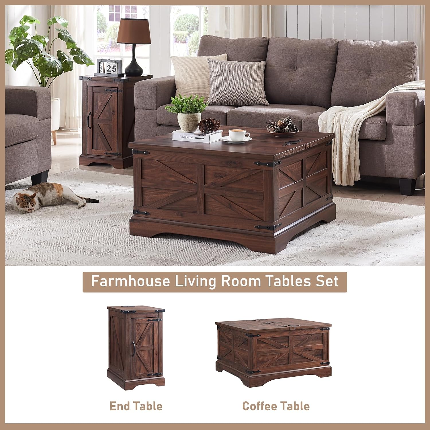 JXQTLINGMU Farmhouse 17" Nightstand Set of 2, Brown | Rectangular/ Rustic End Table with Barn Door /Adjustable Shelf/ Wood Sofa Side Table/ for Living Room, Bedroom
