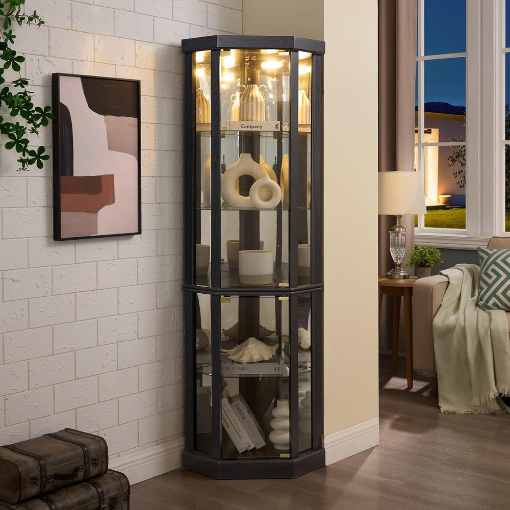 Corner Curio Cabinet, 70" H Lighted Glass Display Cage with Tempered Gla...