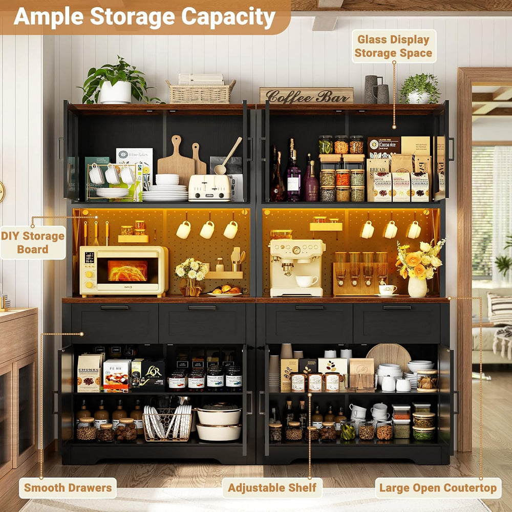 Unikito 71" Kitchen Pantry Cabinet with LED Light & Outlet, Microwav...
