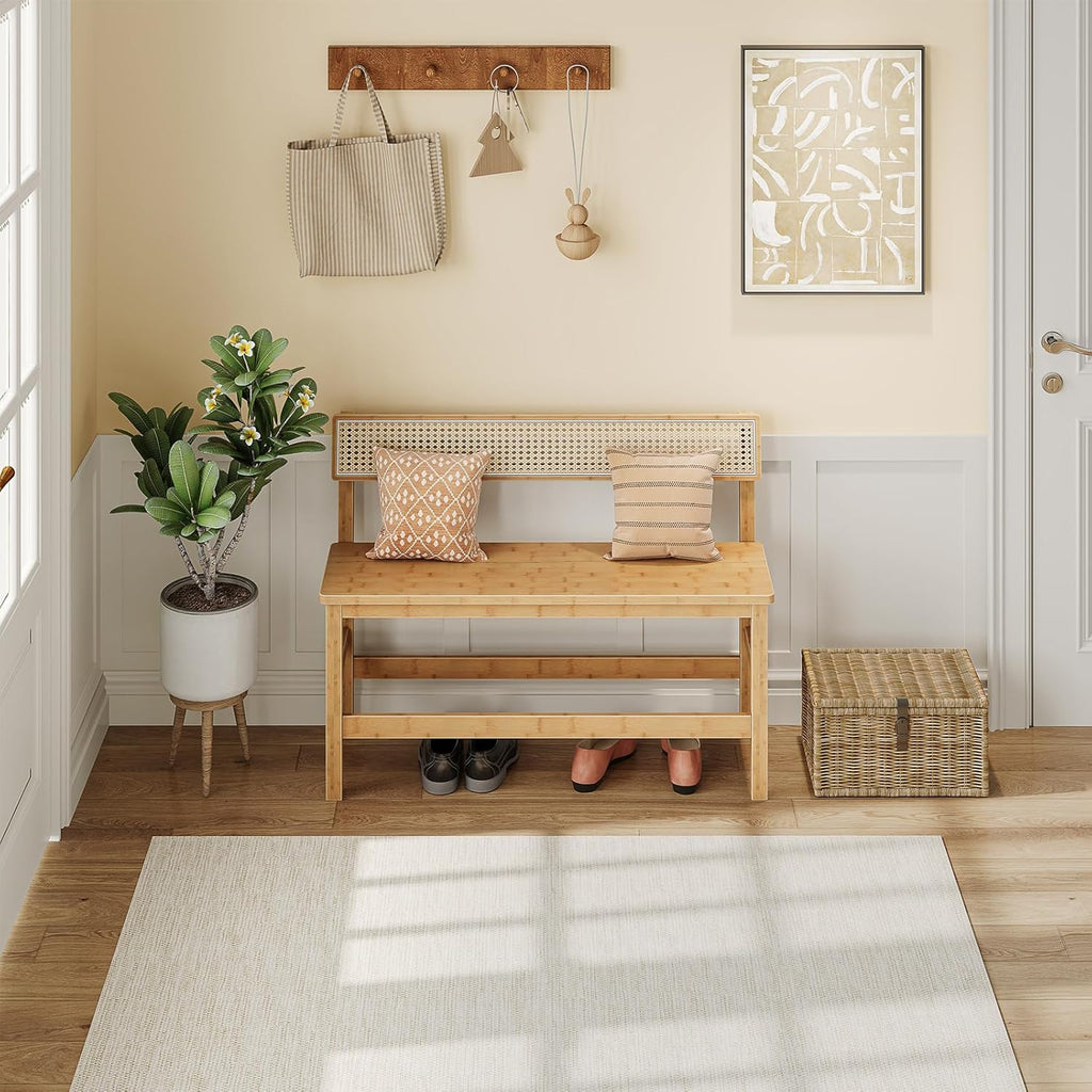 HOOBRO Dining Bench, Bamboo Farmhouse Entryway Bench with Back for Kitchen, Living Room, Bedroom, Easy to Assemble, Sturdy and Stable, Natural YL05CD01