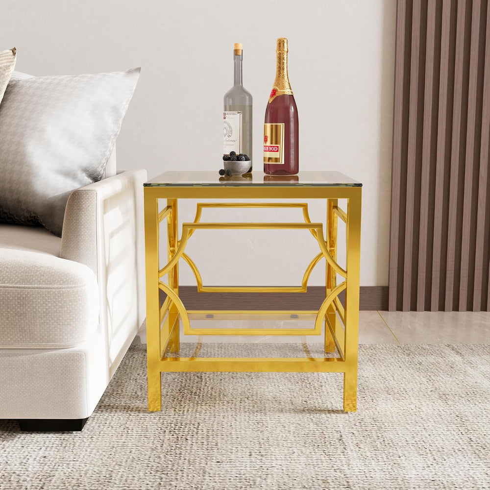 Modern 19.7" Square Glass Side Table for Living Room Luxury 2-Tier Stora...