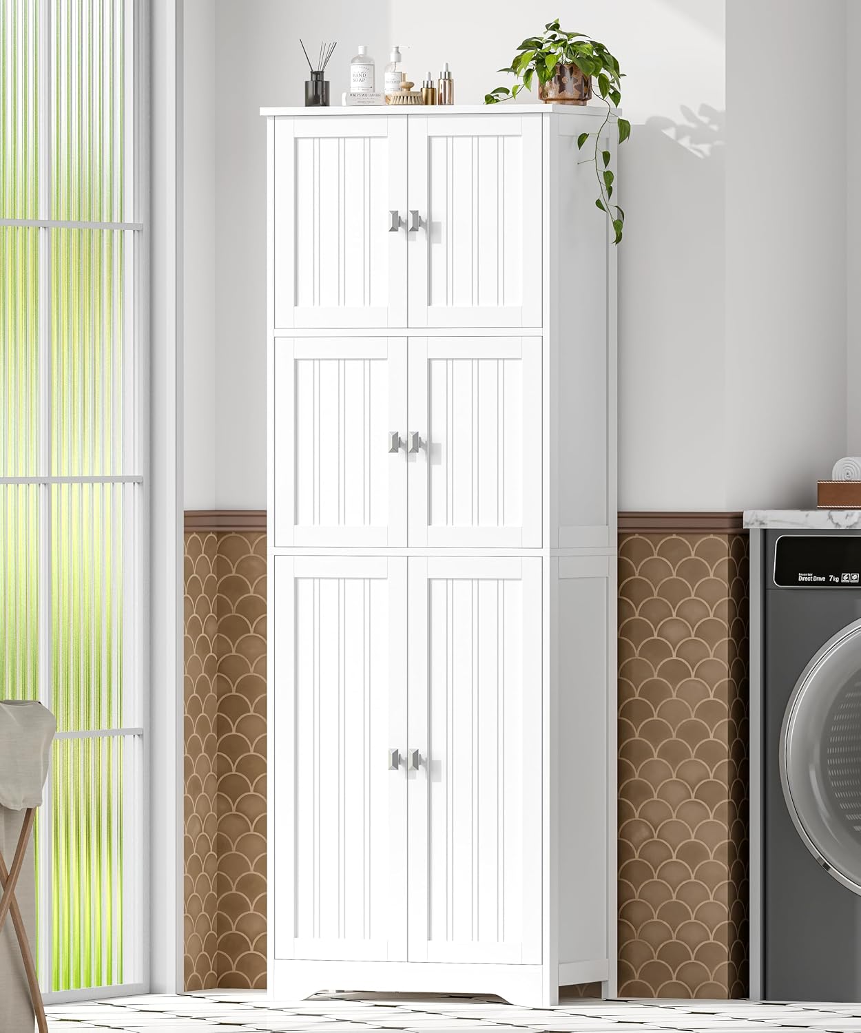 Tall Bathroom Storage Cabinet, 63" H Linen Floor Cabinet | Pantry Storage Cabinet with 6 Doors and Adjustable Shelves, for Bathroom, Living Room, Laundry Room, Kitchen, White