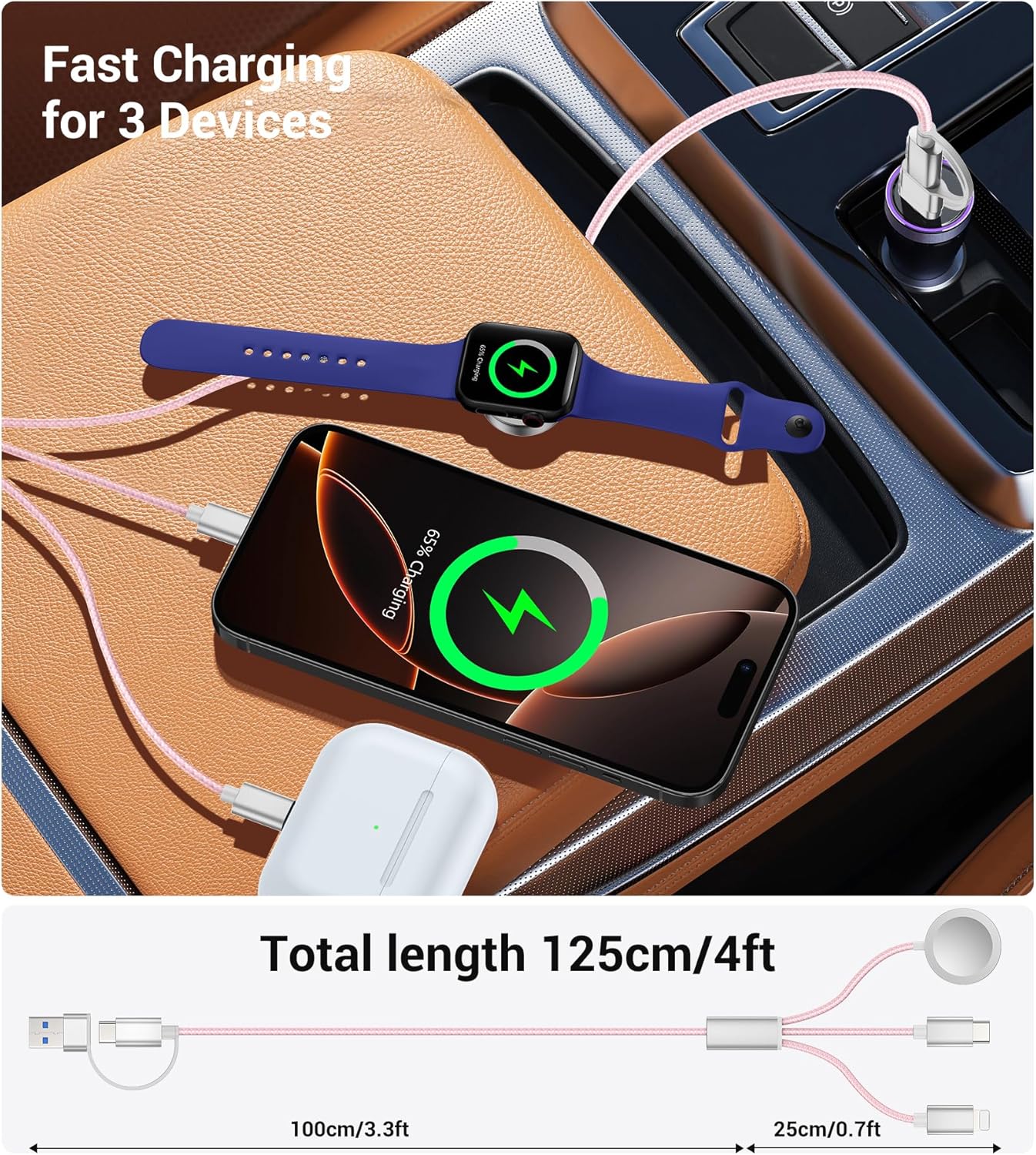 Temdan for Travel Vacation Essentials,3 in 2 USB C Cable for Apple Watch Charger/iPhone 16 Charger/Lightning,Multi Charging Cable Cord,Camping Essentials,Designed for iWatch & iPhone 16-12-4FT Pink